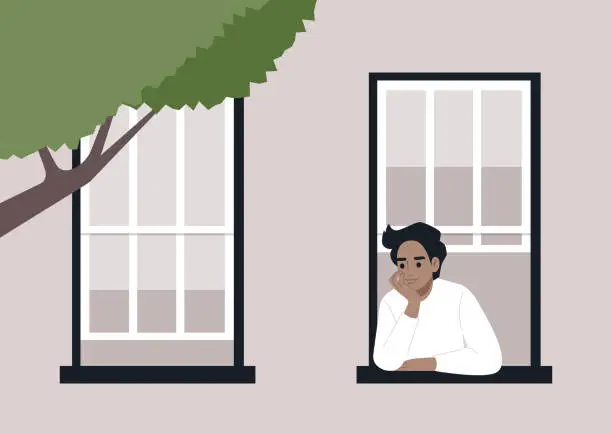 Vector illustration of Serene Contemplation, Neighbor at the Windowsill, A person rests their chin on their hand, gazing outward from a window, as dusk settles in the city