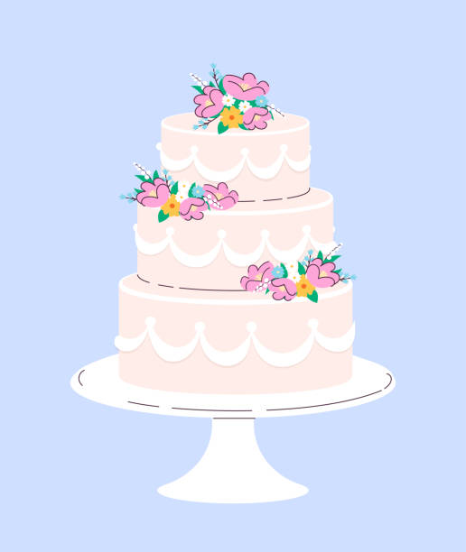 Wedding element vector concept Wedding element concept. Sweet cake with flowers at plate. Romantic activity and love. Graphic element for website. Cartoon flat vector illustration isolated on blue background wedding cake stock illustrations