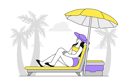 Woman at vacation linear. Young girl resting at beach under umbrella. Tourist in tropical and exotic countries. Character sunbathing at coastline. Doodle flat vector illustration