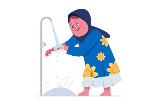 Vector illustration of Cute Muslim Kids Boy Performing Ablution vector Illustration