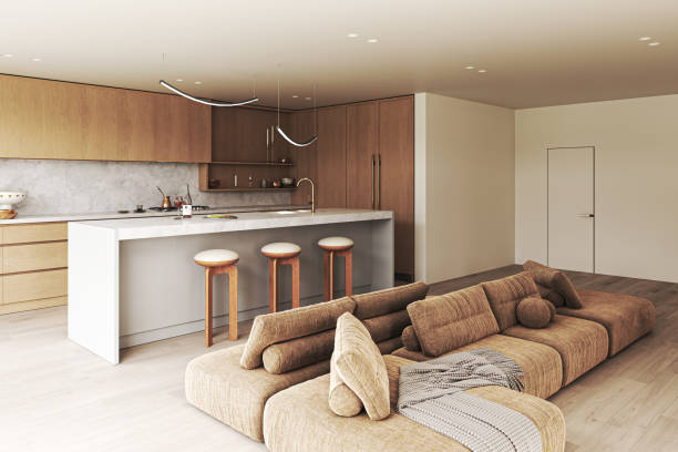 istock Chic living room seamlessly integrated with a minimalist kitchen area 2096935574