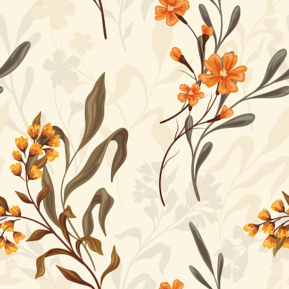 Seamless floral pattern, abstract flower print in an elegant vintage motif. Beautiful botanical wallpaper, textile design: hand drawn yellow wild flowers, large leaves, branches. Vector illustration.