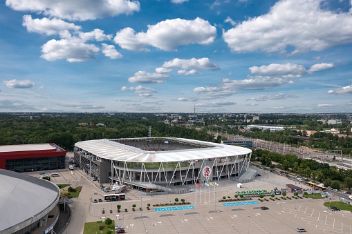 Aerial summer view of Łódź Polesie city district: Stadion Miejski im. Władysława Króla, Atlas Arena, Sport Arena Łódź (Żyliński Sport Arena). Łódź  Poland - July 2022