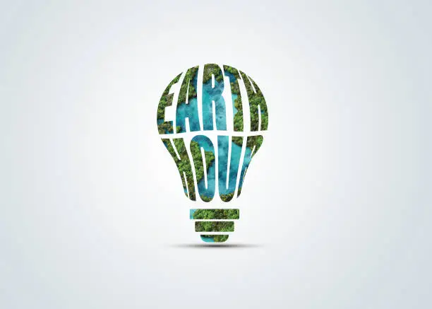Abstract light bulb with Earth hour text. Earth hour ecology concept. 3D illustration