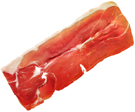 Single slice of gourmet delicious Prosciutto ham isolated on white background, high resolution stock image.