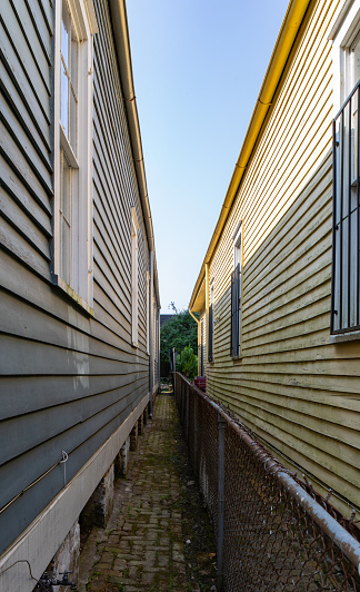 Narrow alleyway between two buildings divided by a chain link fence, border, separation, feud, good fences make good neighbors metaphor, vertical aspect