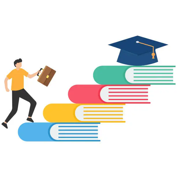 Vector illustration of Education, Knowledge steps, Learning Study and skill development,  achieve business success, businessman step up on the books to achieve diploma cap