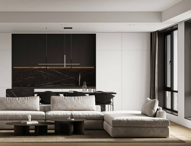 istock Stylish open concept living room with modern kitchen and plush seating interior 3d render 2096977207