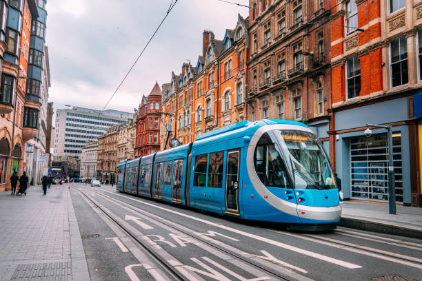 Blue Public City Train in Birmingham City Centre on an Overcast Day in Autumn