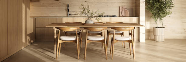 istock Modern wooden kitchen table set in a sunlit minimalist interior 2096985798