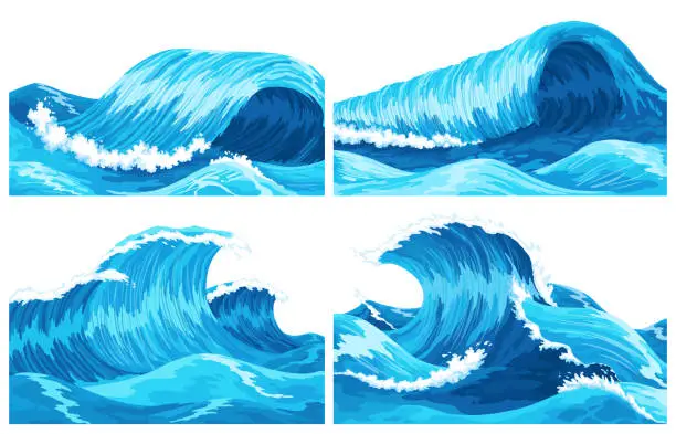 Vector illustration of Ocean waves. Four scenes of blue sea or ocean waves with spray, foam on crest. Splash water, marine sea storm element, vector illustration