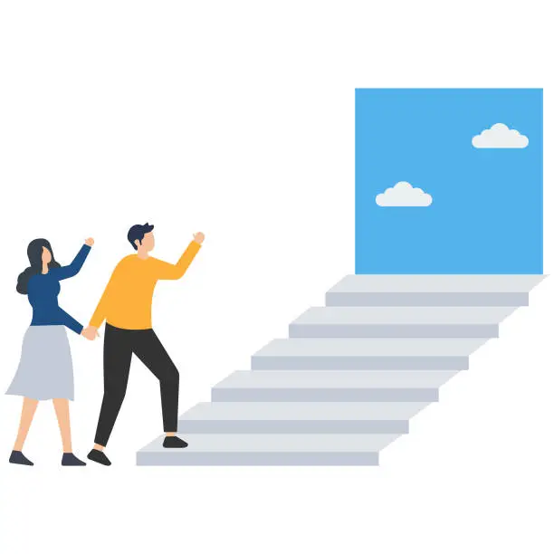 Vector illustration of Employee encouragement from manager advice, Guidance from leader, Stairway to success or opportunity, Career development, Manager encourage employee to step on stair to success