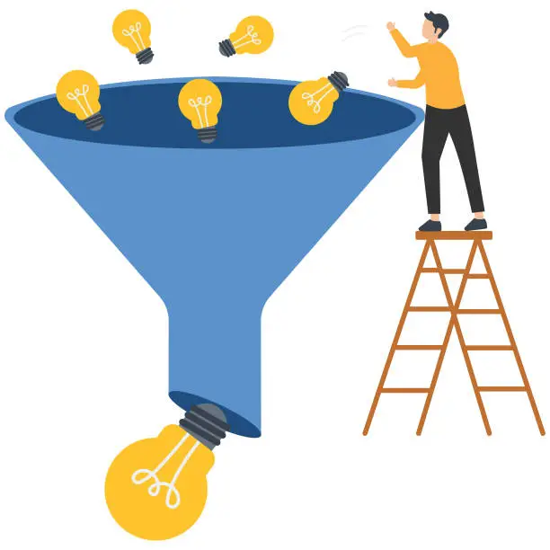 Vector illustration of Idea funnel and brainstorm to get solution or final idea, Creativity innovation or imagination to create inspiring solution, Business creative idea