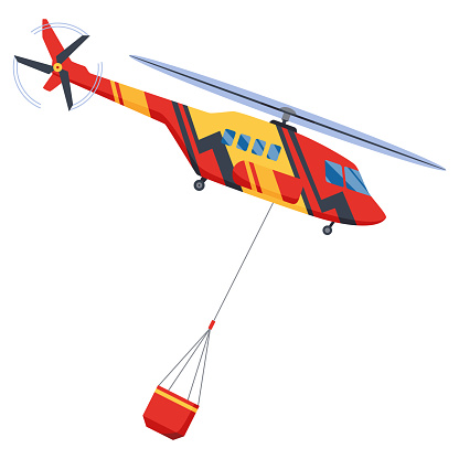 Helicopter extinguishing forest fire. Rescue air transport. Remote extinguishing of fires. Combating natural disasters. Vector illustration.