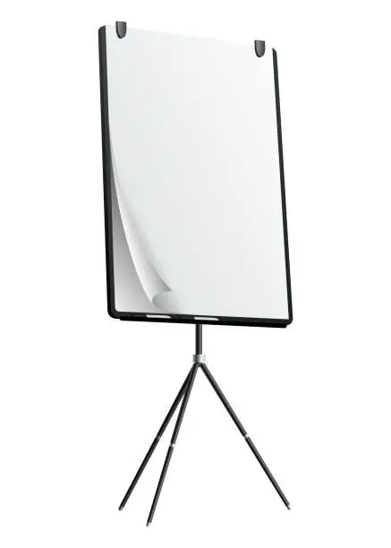 Vector illustration of Flipchart mockup. Presentation and seminar whiteboard with blank paper sheets. Flip chart on tripod with space for text, vector illustration isolated on white background