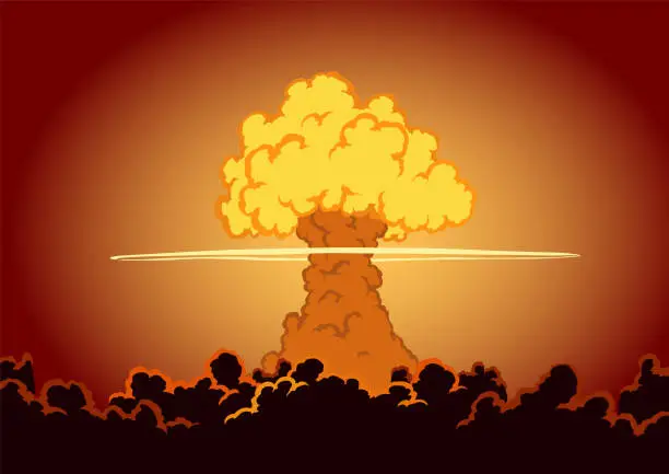 Vector illustration of Big explosion in the city. War and damages after big explosion in the city. Urban landscape with burn sky after atomic bomb