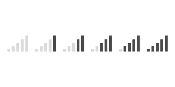 Vector illustration of Connection icon set. Mobile phone bar icons. Signal strength Icon. Signal strength indicator. Wireless symbol. Connection levels