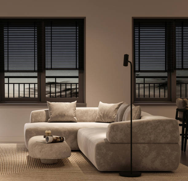 istock Luxurious beachfront living room with comfortable sofa and sky view 3d interior render 2096994326
