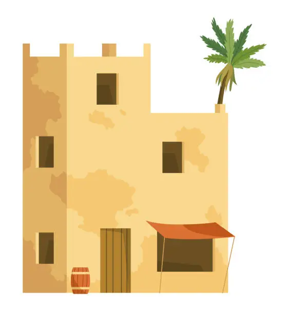 Vector illustration of Middle east. Arabic desert with traditional mud brick houses. Ancient building. Flat vector illustration