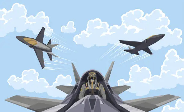 Vector illustration of Pilot in the fighter. Aircraft-fighter cockpit overview. Aerobatic team in the air. A military fighter in the clouds. Figures of higher pilotage. The pilot of a military plane