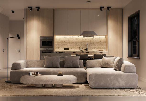 istock Open-plan living area with plush sofas and warm ambient lighting 3d render 2097000226