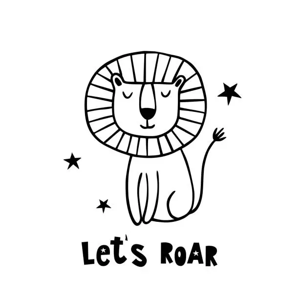 Vector illustration of Cute hand drawn lion with lettering Let's Roar. Cartoon sketch vector illustration. Good for posters, t shirts, postcards.