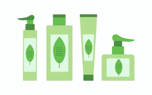 Vector illustration of Herbal cosmetics, cream, lotion. Ecological goods. Set of herbal cosmetics, skin care. Products with natural plant composition. Vector illustration.