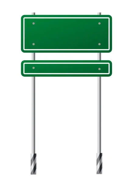 Vector illustration of Green traffic sign. Road board text panel, mockup signage, direction highway city signpost location street way. Isolated information sign. Blank board with place for text. Vector illustration