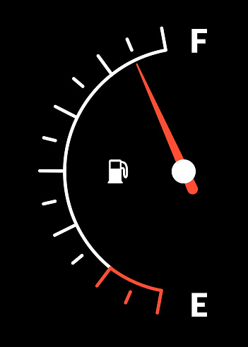 Fuel indicator meter or fuel gauge for petrol, gasoline, diesel level count. Control gas tank fullness. Fuel gauge scales icon. Car dial petrol gasoline dashboard. Vector illustration.
