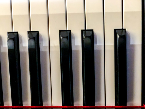 Side view of Piano keys with shallow depth of field. Classic grand piano keyboard background.