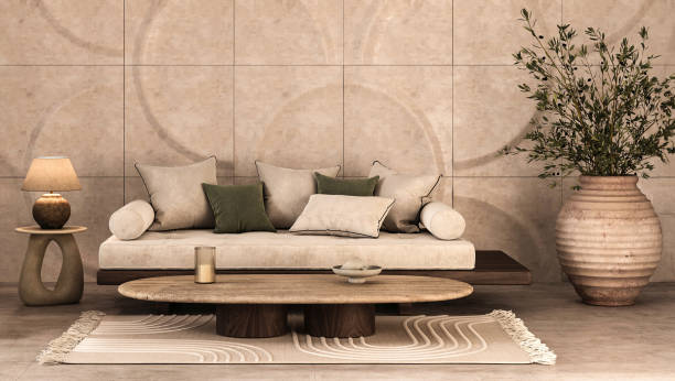 istock Serene living room with organic accents and lush olive tree 3d render 2097022624