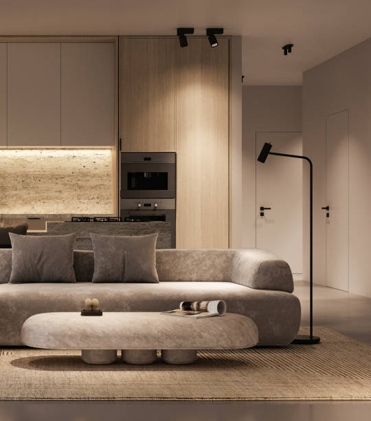 istock Modern living room with sleek sofa and integrated kitchen elegant interior design 3d render 2097028639