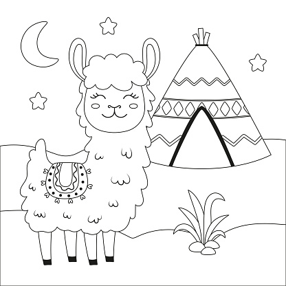 black and white cartoon llama, wigwam, plant, starts and moon in flat style, vector illustration of cute landscape