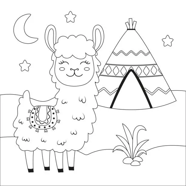 Vector illustration of cartoon llama on cute landscape