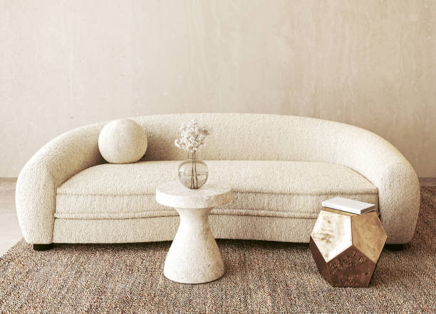 istock Textured comfort meets modern design. A curvaceous sofa paired with unique accent pieces in a 3d render contemporary living room setting 2097035110