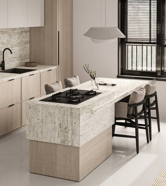 istock Chic modern kitchen interior with stone countertop island and bar stools, elegant 3d render 2097036168