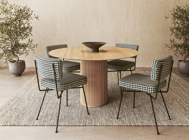 istock Natural harmony in dining. A wooden round table with houndstooth chairs, accented by potted olive trees in a 3d render of a tranquil dining space 2097041899