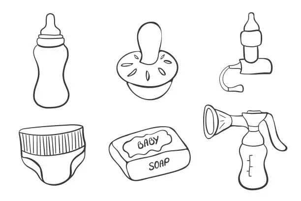 Vector illustration of set of icons for kids goods.