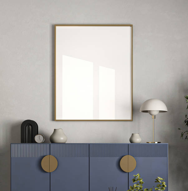 istock Modern gray livingroom with bright blue commode and green plants background. Light modern japanese nature view. 3d rendering mock up. High quality 3d illustration 2097048253