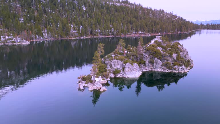 Aerial orbit of Fannette Island, Emerald Bay, Lake Tahoe, California