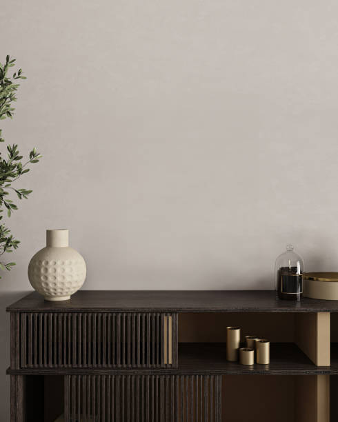 istock Modern gray livingroom with commode and green plants background. Light modern japanese nature view. 3d rendering mock up. High quality 3d illustration 2097050948