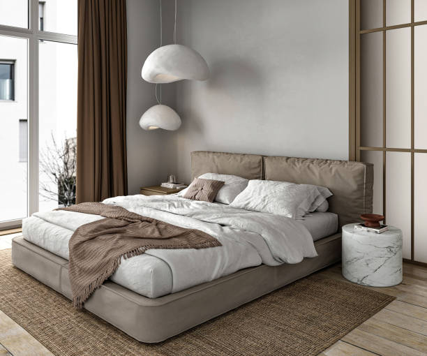 istock Sophisticated bedroom interior with elegant bedding and unique pendant lighting 2097053595