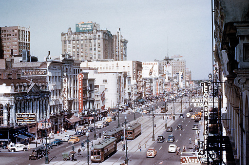 Canal Street, New Orleans, Louisiana, USA 1953. At the time it was the widest street in the world.