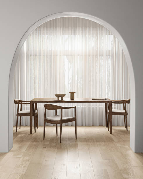 istock Modern minimal style wooden interior with window, arch and dining table background. Nature design. 3d rendering. High quality 3d illustration 2097063620