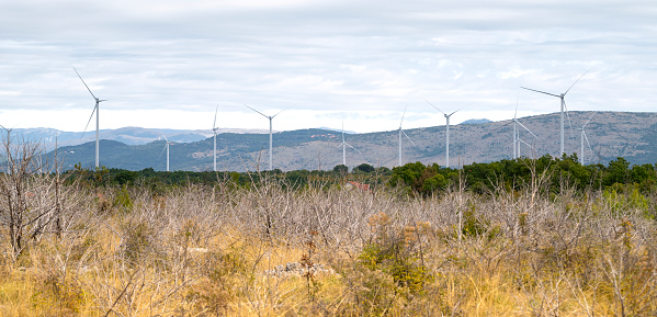 Wind turbines on a wind farm in Dalmatia, Croatia.