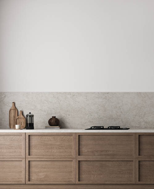 istock Modern style wooden kitchen interior background. Nature design with beige stone marble. 3d rendering. High quality 3d illustration 2097068387