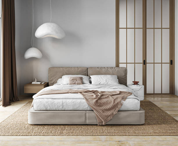 istock Luxurious bedroom design with plush bedding and modern cloud-shaped pendant lights 2097080133