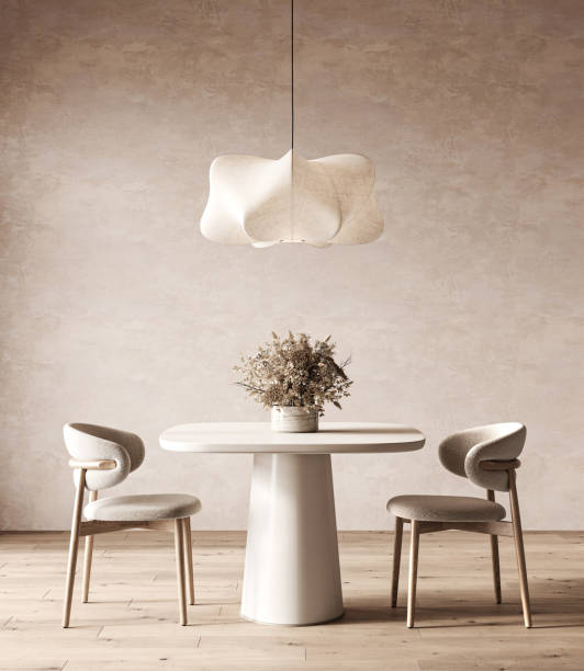 istock Minimalist dining room design with an artistic pendant light over a round table and textured chairs. 3d render 2097083850