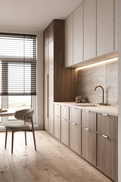 istock Sleek modern kitchen design with a mix of wood and stone textures. 3d rendering. High quality 3d illustration. 2097085490