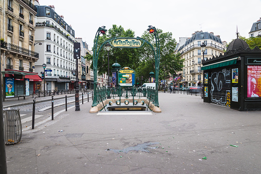 Paris, France: 07.16.2016: Subway station entrance in Paris, summer day